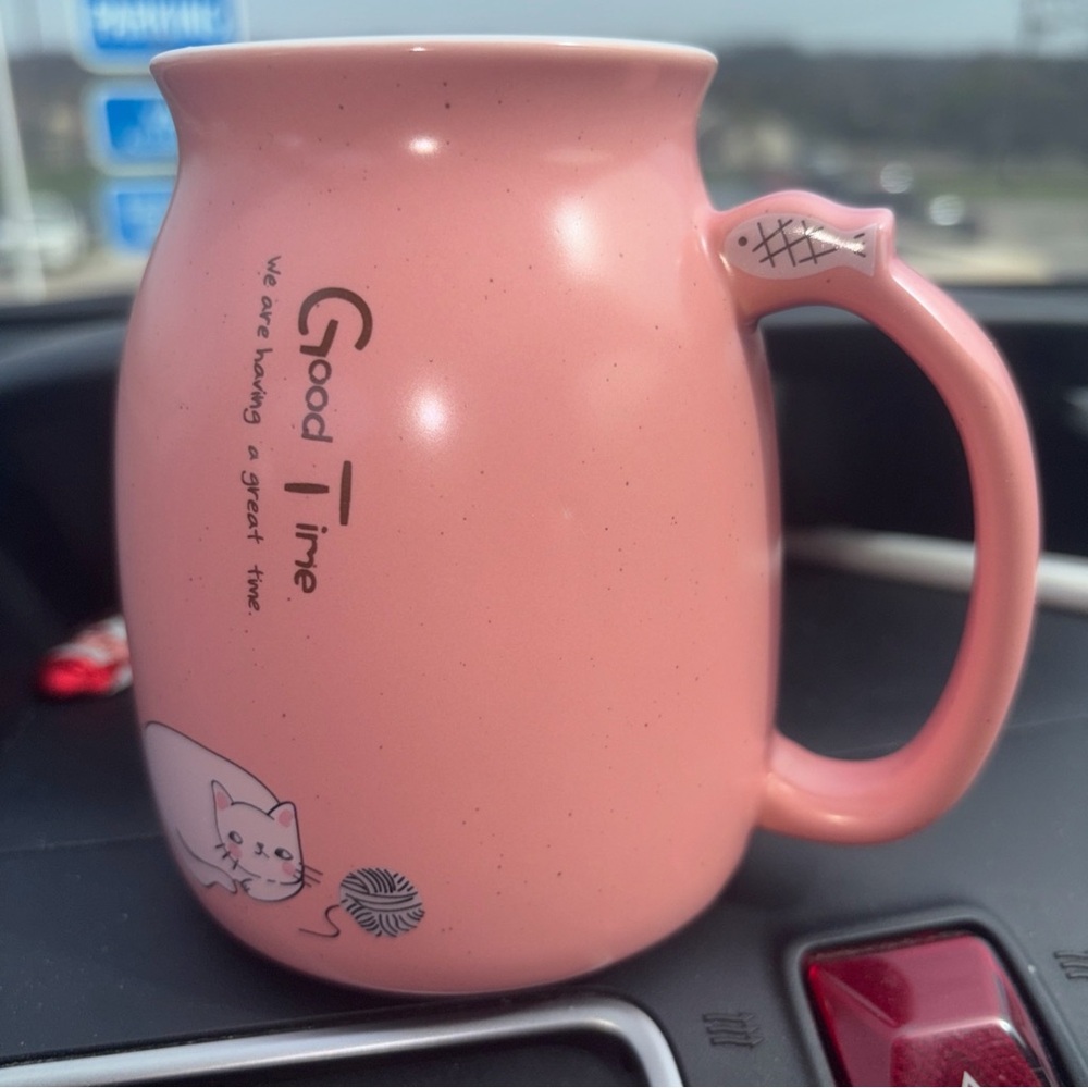 Adorable Pink Mug with Cat and Fish Handle